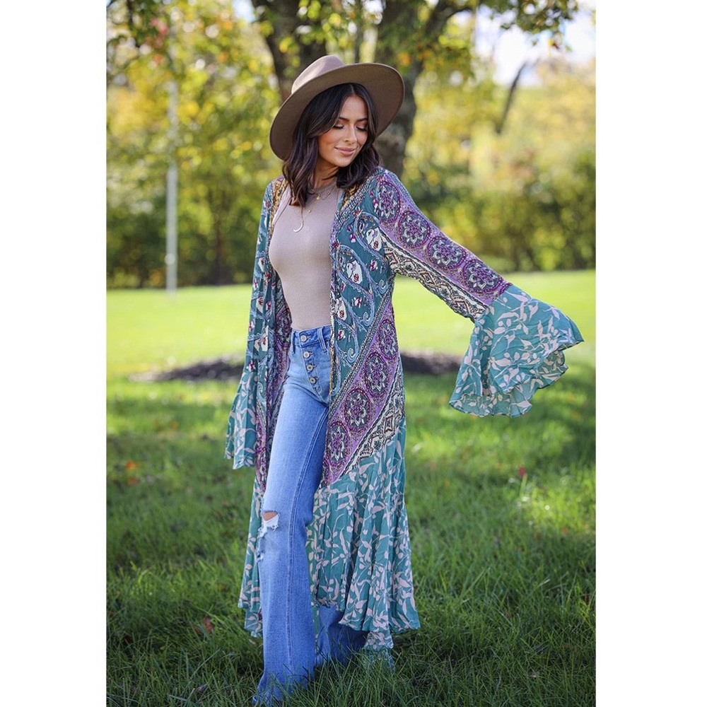 SPARROW PATCHWORK RUFFLED BOHO KIMONO DUSTER - BLUE MIX